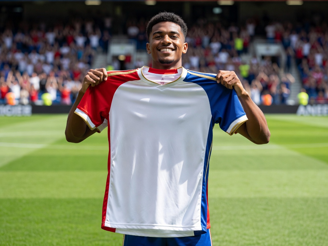 Football player holding up a new club jersey
