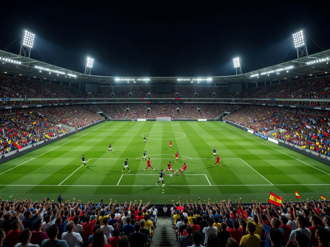 Illuminated football stadium at night