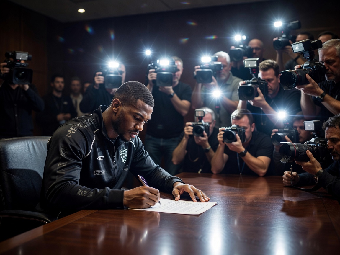 Player signing a contract with media flashing cameras