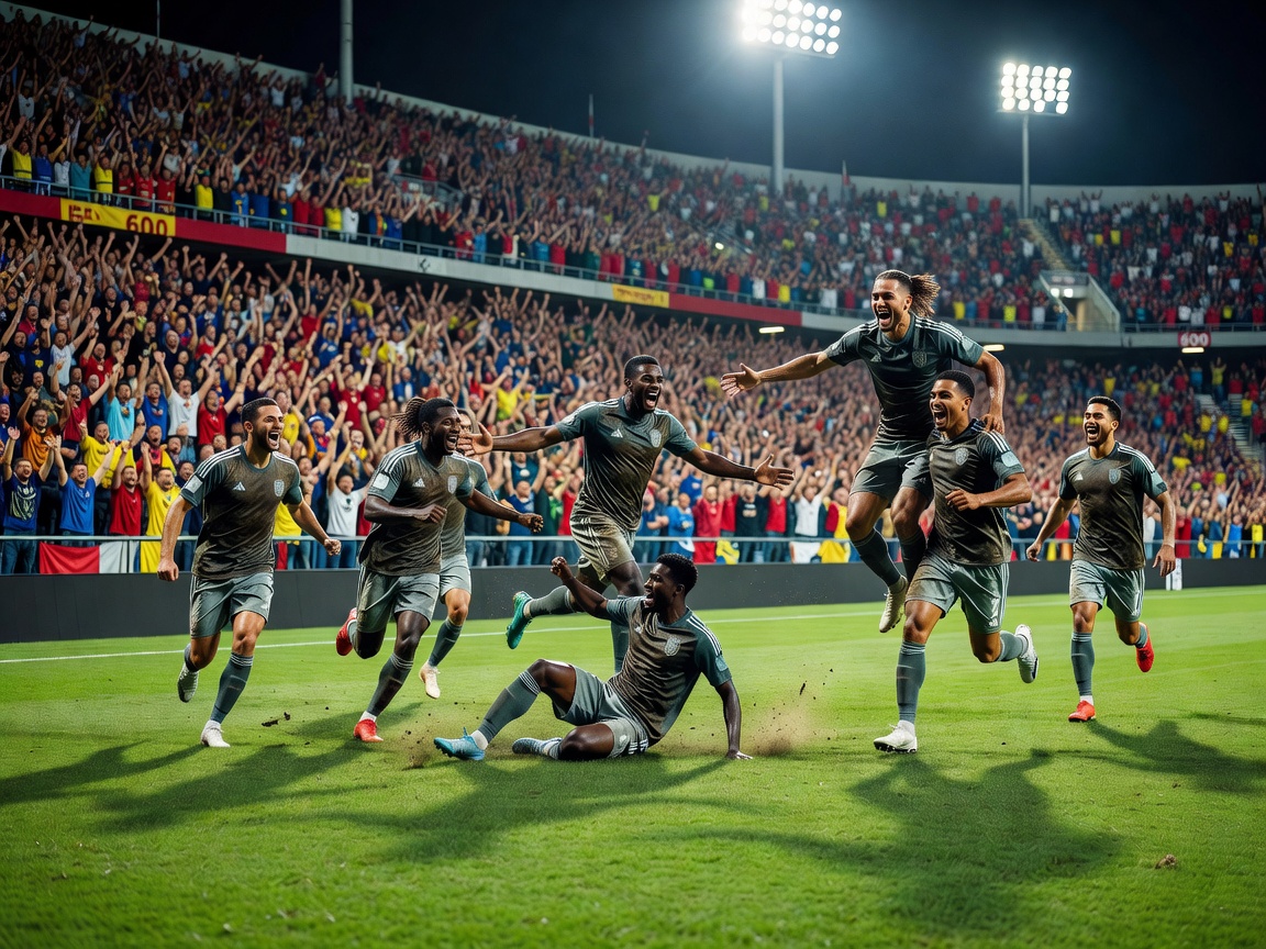 Players celebrating a goal in a packed stadium