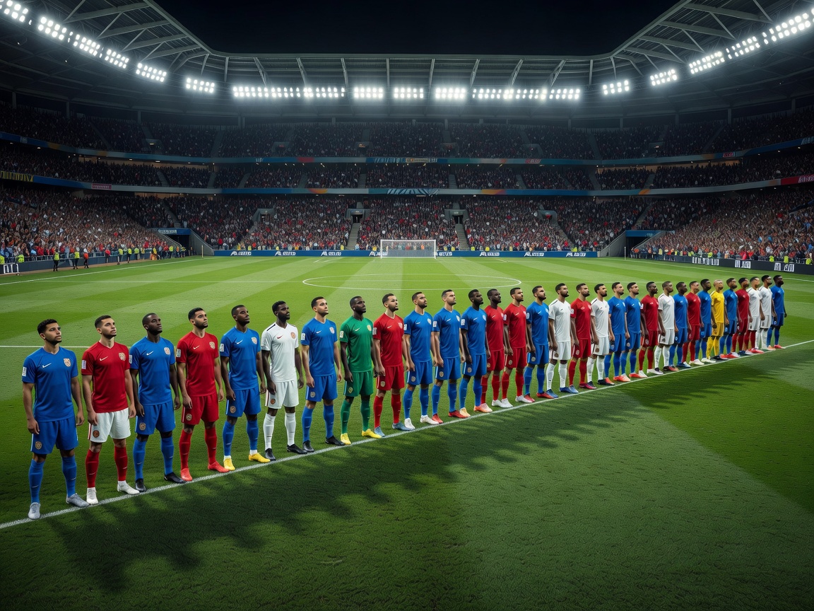 Top tier football players lining up on the pitch