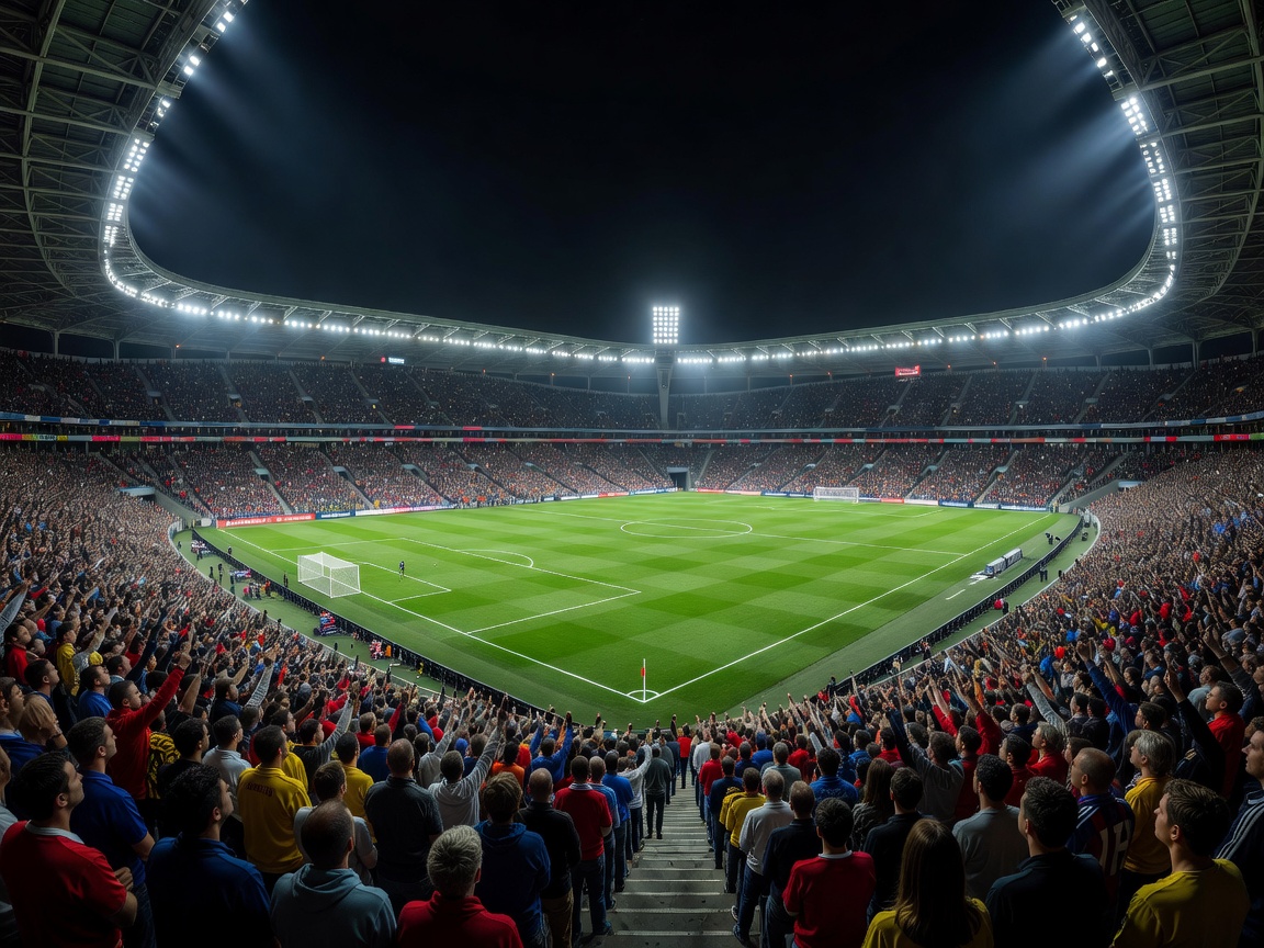 Wide angle view of an illuminated football stadium